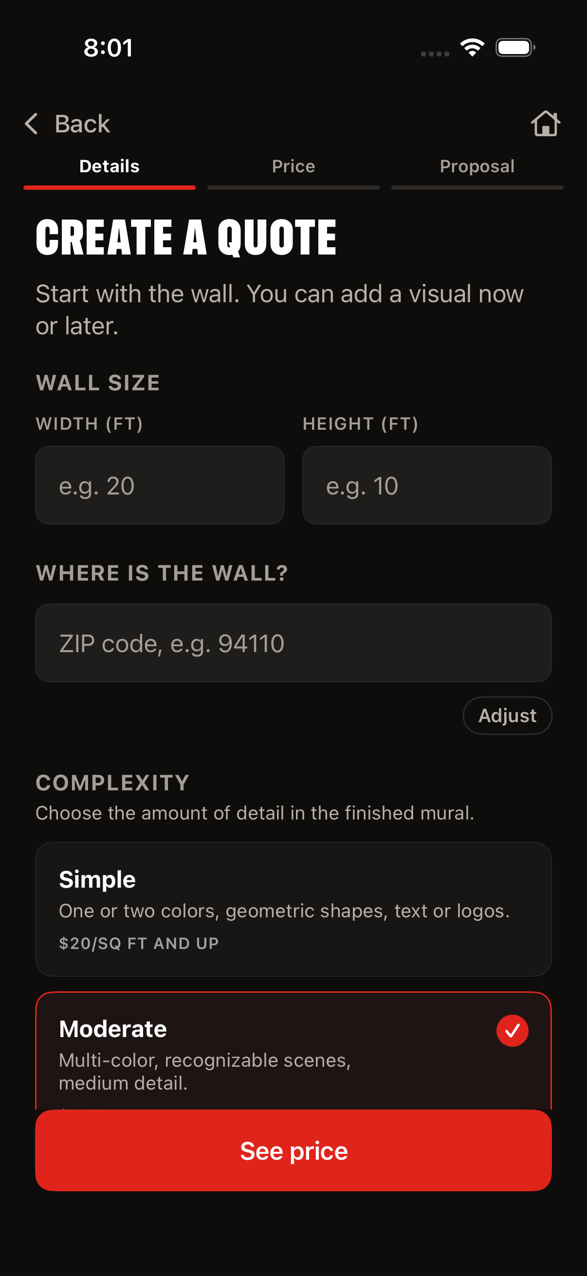 MuralOS screen for entering wall size, ZIP code, and complexity