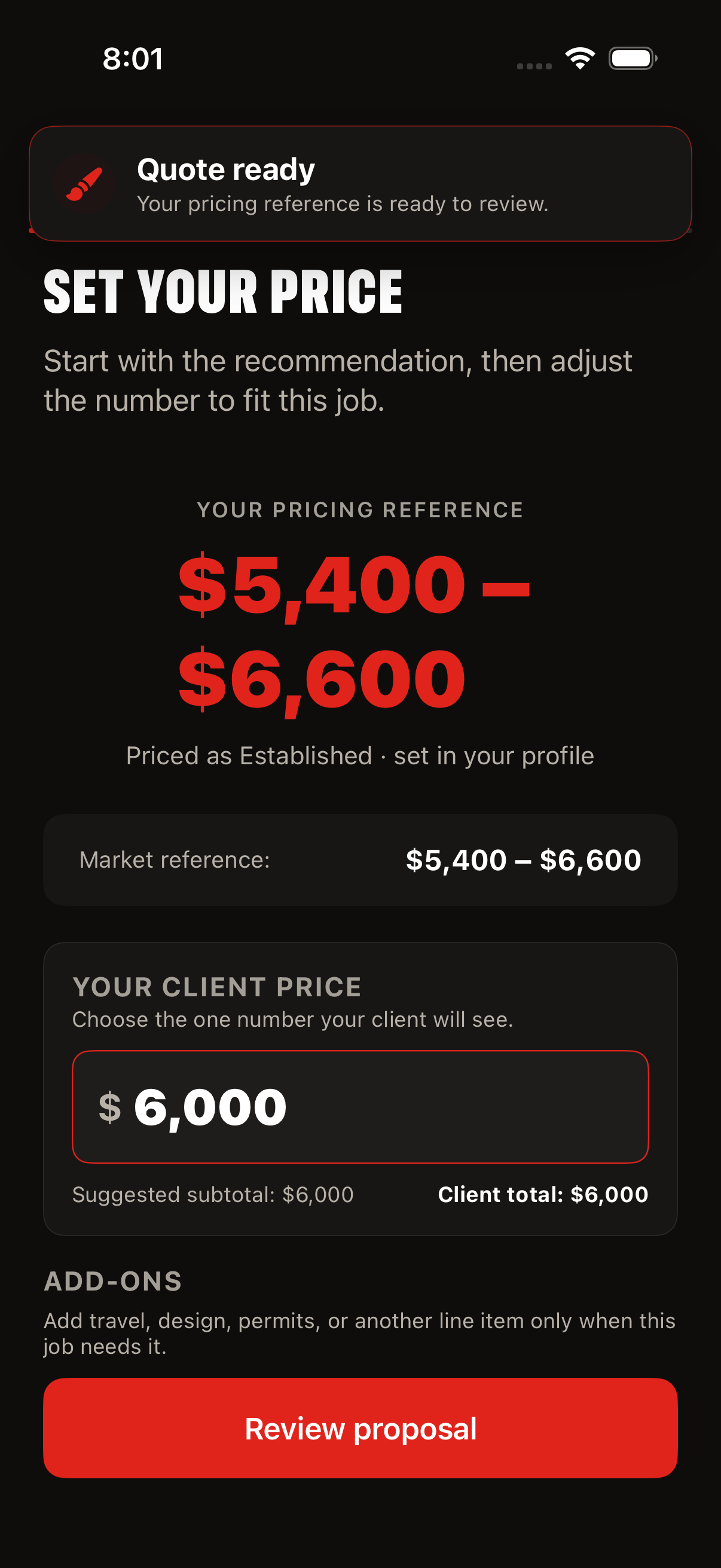 MuralOS pricing screen showing a market reference and editable client price